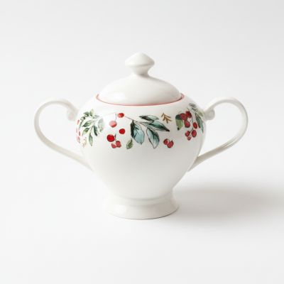 Azucarera navideña de porcelana con diseño de bayas y hojas rojas y verdes