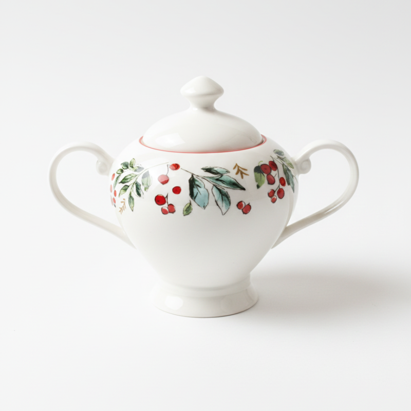 Azucarera navideña de porcelana con diseño de bayas y hojas rojas y verdes