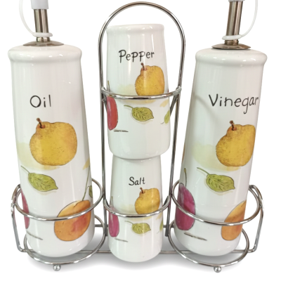Juego de dispensadores de cerámica para aceite, vinagre, sal y pimienta con soporte de metal